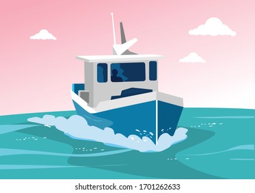 Boat sail on the sea in flatt illustration for background and image