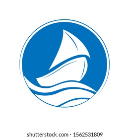 Boat with sail on the waves, flat design.