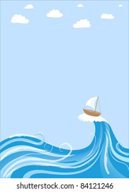 Boat with a sail at sea on a wave (vector background)