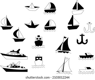 boat sail submarine yacht ship set collection icon vector in white isolated background