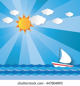 Boat sailing against the wave in the sea under the sun shining light beam in summer vector graphic design for background