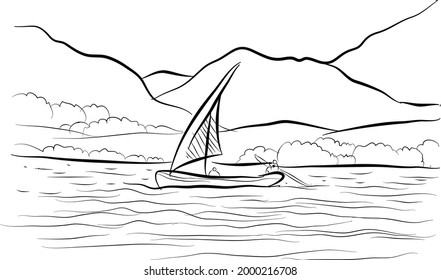A boat sailing down the stream doodle style vector illustration line art