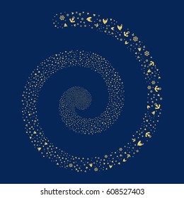 Boat Sailing fireworks burst spiral. Vector illustration style is flat yellow scattered symbols. Object whirl done from scattered symbols.