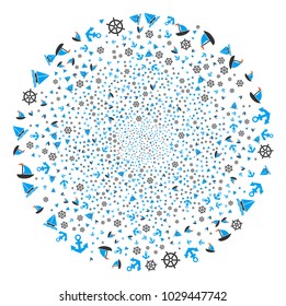 Boat Sailing fireworks spheric cluster. Object pattern constructed from scattered boat sailing icons as burst spheric cluster. Vector illustration style is flat iconic symbols.