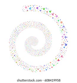 Boat Sailing fireworks swirl spiral. Vector illustration style is flat bright multicolored scattered symbols. Object helix made from random pictograms.