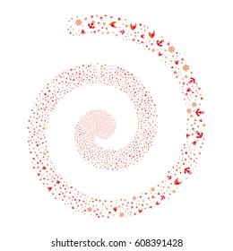 Boat Sailing fireworks swirling spiral. Vector illustration style is flat bicolor intensive red and orange scattered symbols. Object helix made from scattered symbols.