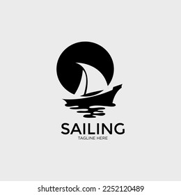 Boat for Sailing, Fisherman Sailboat in Ocean Sea Wave Silhouette logo design