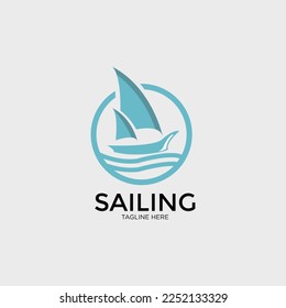 Boat for Sailing, Fisherman Sailboat in Ocean Sea Wave Silhouette logo design