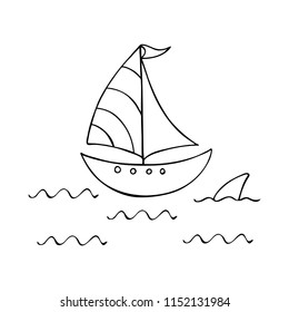 Boat sailing on the waves with a shark. Hand drawn vector illustration in doodle style.