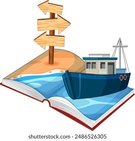 Boat sailing from an open book with signpost