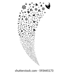 Boat Sailing random fireworks stream. Vector illustration style is flat black iconic symbols on a white background. Object fountain combined from scattered symbols.