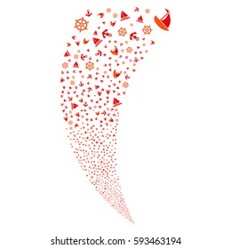 Boat Sailing random fireworks stream. Vector illustration style is flat intensive red and orange iconic symbols on a white background. Object fountain created from scattered pictograms.