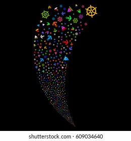 Boat Sailing random fireworks stream. Vector illustration style is flat bright multicolored iconic symbols on a black background. Object fountain made from scattered design elements.