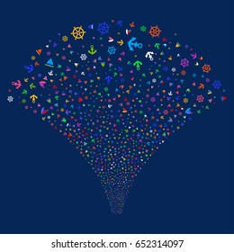 Boat Sailing salute stream. Vector illustration style is flat bright multicolored iconic symbols on a blue background. Object stream fountain constructed from random symbols.