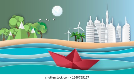 Boat sailing in the sea with difference between the forest and the building.Paper art style.