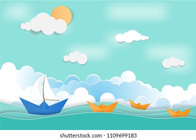 Boat sailing in the sea with good time , Origami made paper craft and concept summer day,Paper art idea and digital craft.