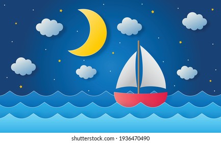 Boat is sailing in the sea. moon, stars and clouds in midnight. paper art style. vector illustration. 