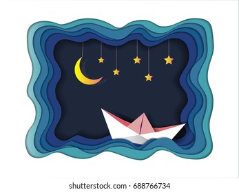 Boat is sailing in the sea under the moon light and stars, Goodnight and sweet dream origami mobile concept, Vector illustration Paper art style.