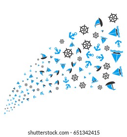 Boat Sailing source stream. Vector illustration style is flat blue and gray iconic symbols on a white background. Object source fountain combined from scattered icons.