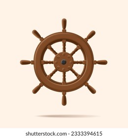 Boat sailing steering wheel icon, 3d illustration of wooden rudder