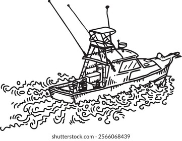 Boat sailing through the sea and exploring, hand drawn outline illustration. Simple motor vessel cruising on the ocean contour drawing graphic. Ship in the water traveling silhouette. Fishing boat art