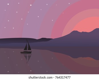 Boat sailing in tranquil lake. Hills and moonlight with glowing stars. Landscape, nature, scenery.