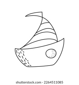 boat with sails and flag floating in sea or ocean. Sailboat and water waves. Hand-drawn flat vector illustration isolated on white background. clipart. vector illustration