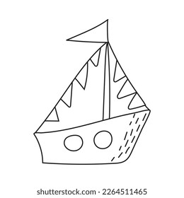 boat with sails and flag floating in sea or ocean. Sailboat and water waves. Hand-drawn flat vector illustration isolated on white background. clipart. vector illustration
