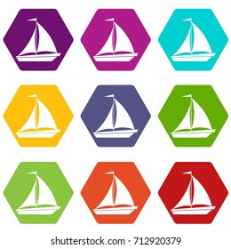 Boat with sails icon set many color hexahedron isolated on white vector illustration