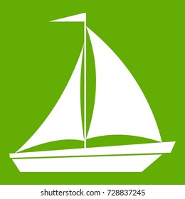 Boat with sails icon white isolated on green background. Vector illustration