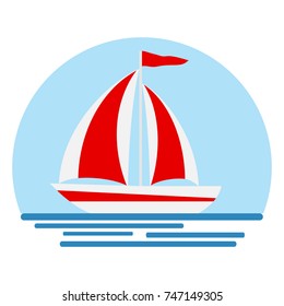 Boat with sails, boat icon. Yacht with scarlet sails. Flat design, vector illustration, vector.