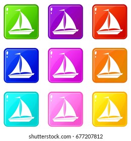 Boat with sails icons of 9 color set isolated vector illustration