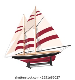 A boat with sails is a model on a stand, isolated on a white background.Vector illustration of the ship.