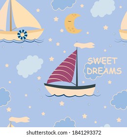 the boat sails on the night sea. seamless pattern for children. vector illustration, eps