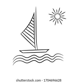 El barco navega en el mar. Dibujo simple realizado por mano.Verano ilustración vectorial en estilo Doodle sobre un fondo blanco. Para el diseño de iconos, logos y libros de colorear para niños.