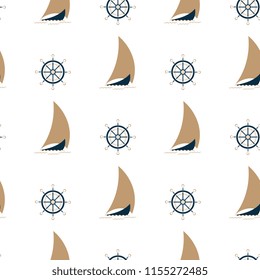 A boat with sails on the waves. Ship steering wheel. Seamless background in a marine style.