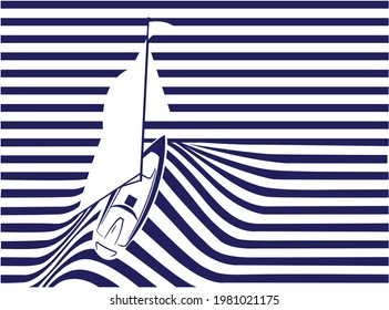 A boat with sails on the waves. Vector illustration. Print on a T-shirt or dress.