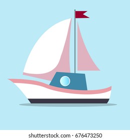 Boat with sails in white-pink color and red flag isolated in blue background. Vector illustration of fast transportation mean moving by water