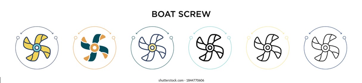 Boat screw icon in filled, thin line, outline and stroke style. Vector illustration of two colored and black boat screw vector icons designs can be used for mobile, ui, web