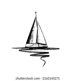 Boat in the sea. Abstract minimalistic style. One-stroke drawing. Hand-drawn by brush. Vector Illustration