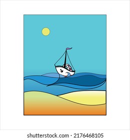 A boat in the sea. Color vector image. Drawn in the Adobe Illustrator program. The drawing is intended for printing