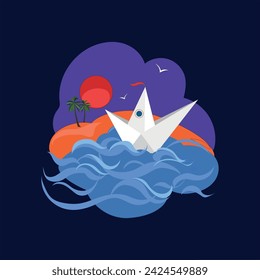 A boat in the sea. A color vector image on a dark background. It is drawn in the Adobe Illustrator program. The drawing is intended for printing.