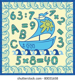 boat at sea during the day. thematic frame, letters and numbers