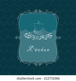 Boat in the sea full of fish. Seamless pattern with waves. illustrations in the frame. The ocean theme.