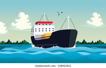 Boat in sea or ocean commercial cartoon vector illustration