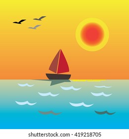 boat at the sea on sunset-vector
