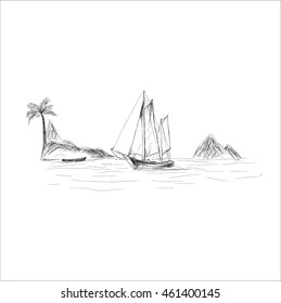 boat and sea, sketch style, vector illustration