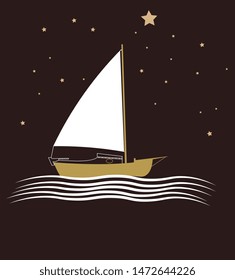 Boat in sea, stars in night sky