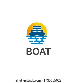 Boat sea sunset logo design, wave illustration.