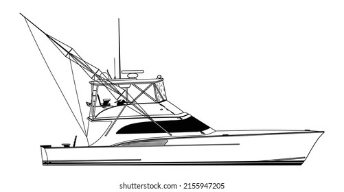 Boat in the Sea vector illustration for coloring book. Black and white fish vector illustration, design.